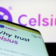 A phone reading "Why trust Celsius" in front of a computer screen with the Celsius logo.